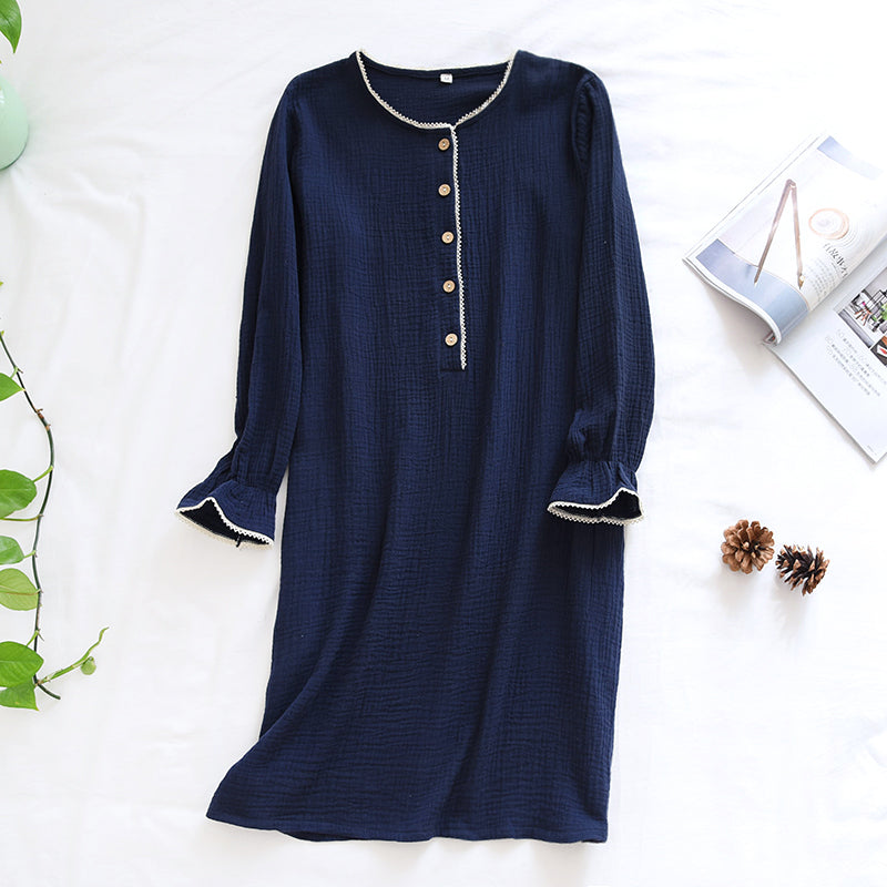 Navy Blue Nightdress Round Neck Button up Long-Sleeve Below the Knee