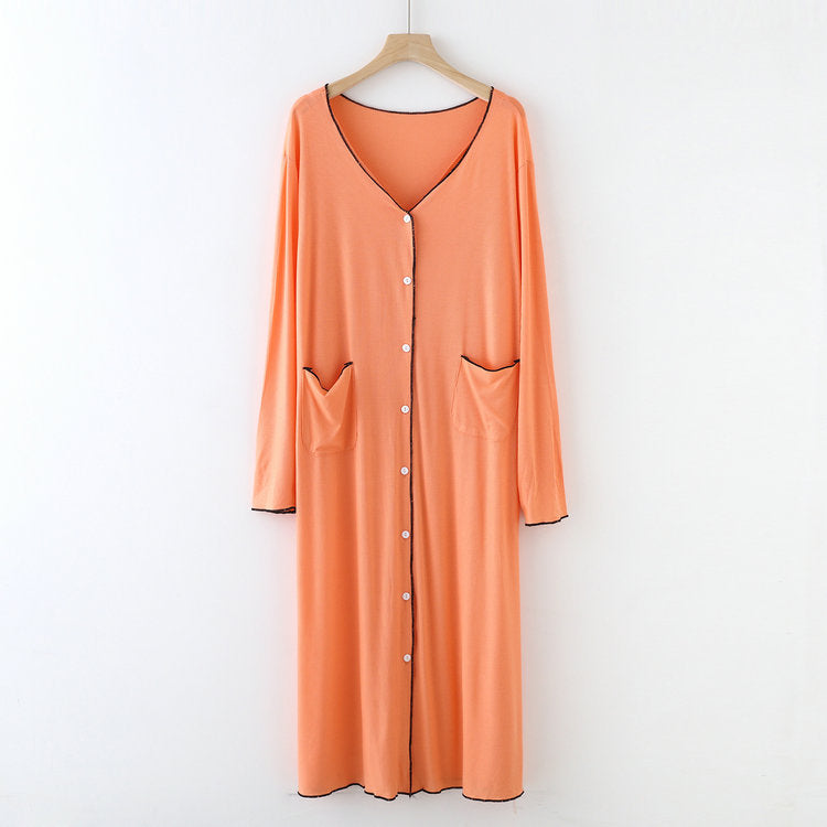 Orange Long Sleeve Below the Knee Button Up Modal Fabric Nightgown, Women's Nightgown, Ladies Nightdress, Sleepwear, Pajamas