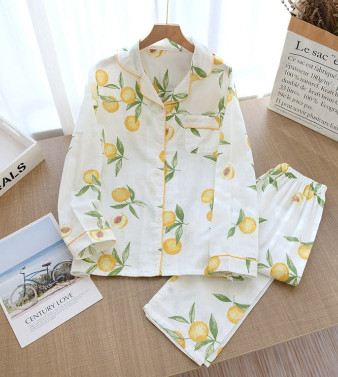 White Color with Printed Peaches Long-Sleeve Button-Down Blouse and Elastic Waist Band Trousers, Women's Pajamas, Ladies Pajamas, Sleepwear, Casual Pajamas  for Women, Fruit Print Pajamas