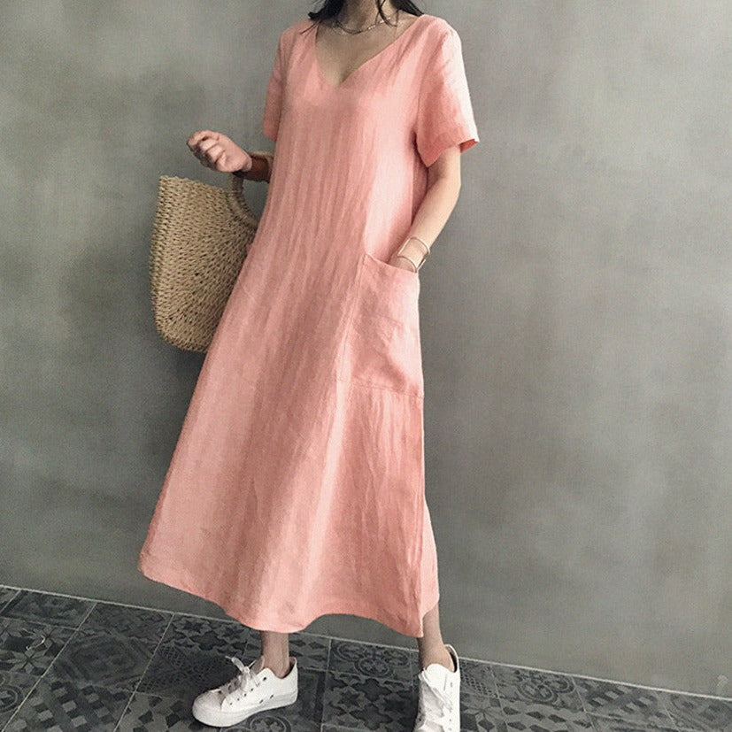 Salmon polyester cotton blend, casual long spring, summer dress with outside pockets below the knee, Women's Dress, Ladies Dress, Cotton Blend Summer Dress