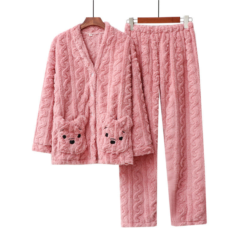 Pink Fleece with carved detail in fleece, Lounge - Pajama set, Cardigan and Trousers , Ladies and Women's Warm Loungewear, for Winter, Comfy Cozy Winter Sleepwear