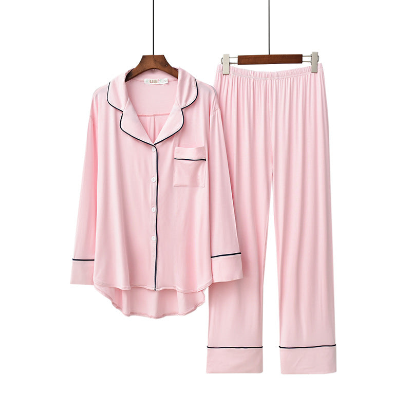 Gentle Pink lightweight viscose , 2-piece women's pajamas set soft button front shirt, piping detail, loose fit trousers, women's sleepwear, pajamas, loungewear