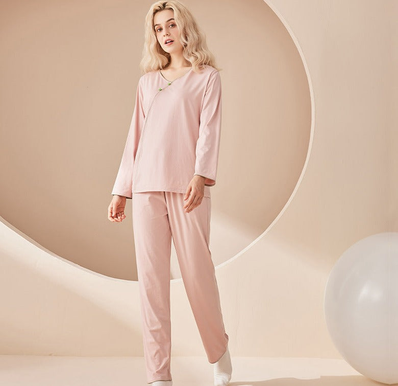 Pink Modal Cotton Fabric Pajama Set Long Sleeve Slip Over the Head Top with Elastic Waist Trousers with Pockets, Women's Pajamas, Ladies Pajamas, Sleepwear, Comfortable Pajamas