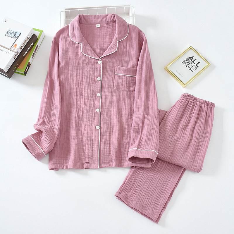 Pink Cotton Gauze Classic Pajamas Long Sleeve Button Down Blouse with Lapel collar, long elastic waist loose trousers, women's pajamas, Ladies pajamas, Sleepwear, Loungewear