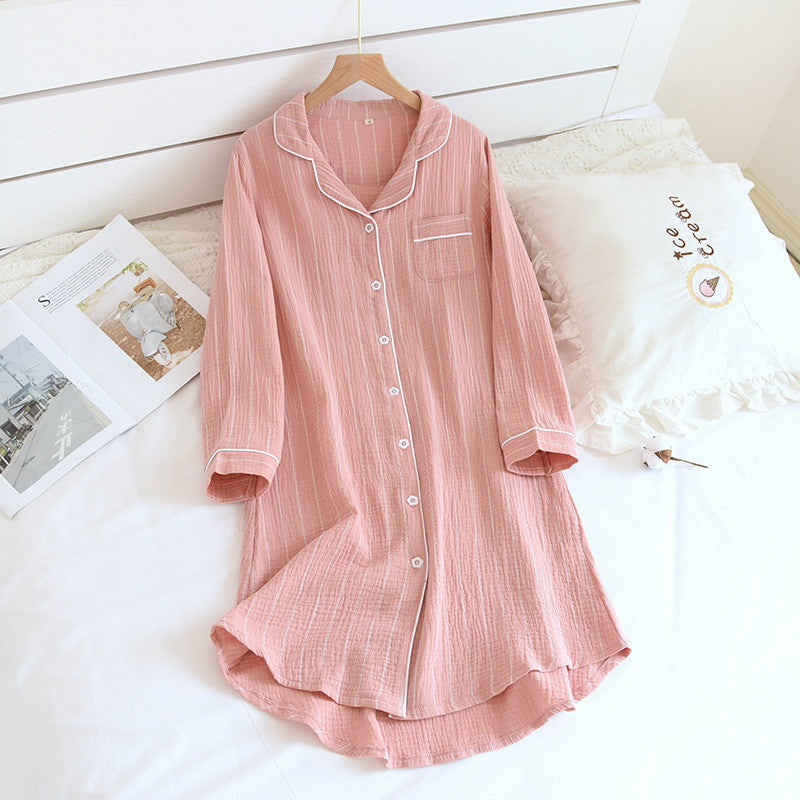 Pink Sleep Dress, Night Shirt Nightgown button-down Long Sleeve Pin-Stripped