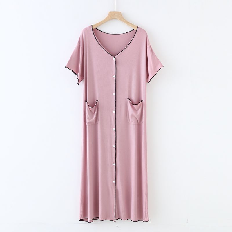 Pink Modal Fabric Button Down Scoop Neck Short Sleeve Long Length Nightgown,  Women's Nightgown, Ladies Night dress, Women's House Dress