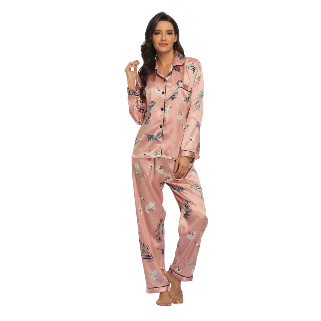 Pink Printed Fern Leaf and White Flowers Button Down Long Sleeve Shirt with Accent Piping and Soft Elastic Waist Trousers made of Polyester with Satin Finish, Women's Pajamas, Ladies Pajamas, Sleepwear, Loungewear
