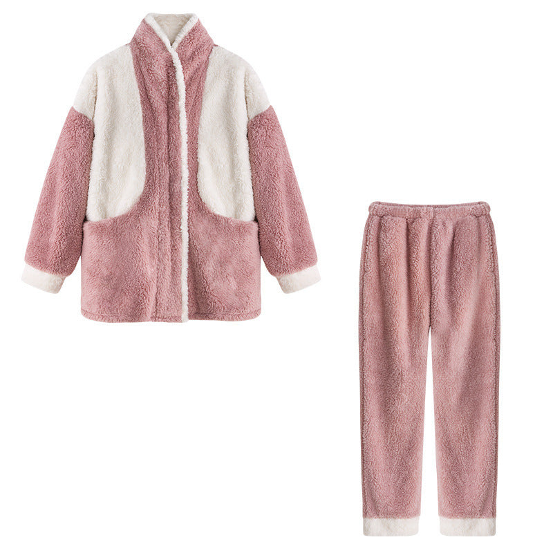 Pink and White Two Tone Super Plush Fleece Two Piece Zip Up Jacket with Deep Pockets and Elastic Waist Trousers,  Women's Plush Fleece Tracksuit, Ladies Plush Loungewear, Winter Pajamas