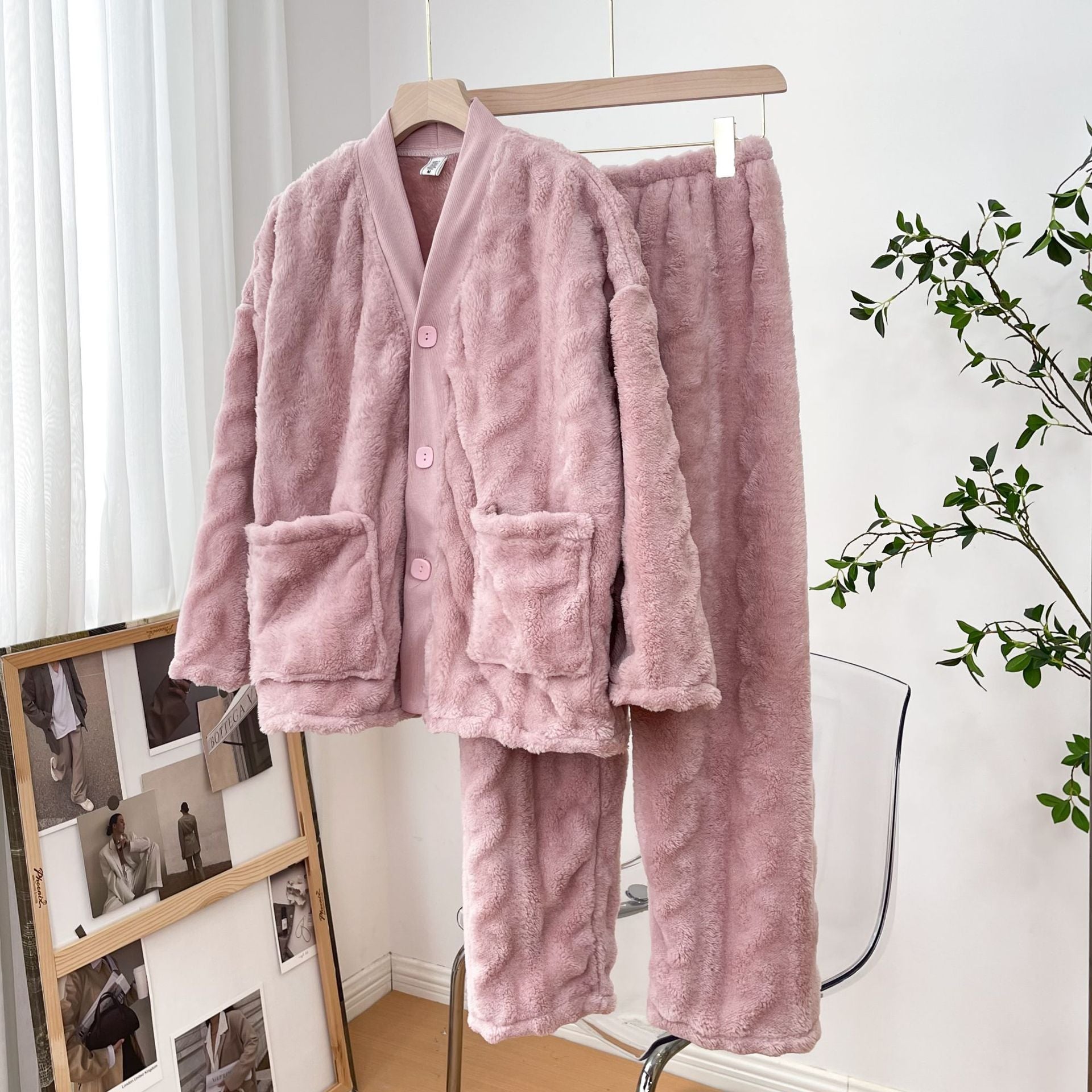 Mauve warm thick plush fleece button down sweater and trousers pajamas set, women's pajamas, winter pajamas, women's loungewear, ladies pajamas, ladies loungewear