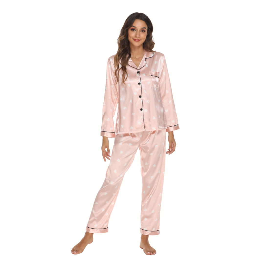 Pink on Pink Printed Heart Pattern Button Down Long Sleeve Shirt with Accent Piping and Soft Elastic Waist Trousers made of Polyester with Satin Finish, Women's Pajamas, Ladies Pajamas, Sleepwear, Loungewear