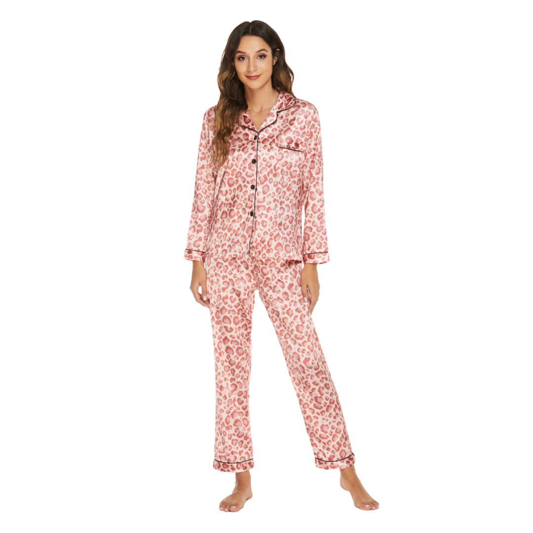 Pink on Pink Leopard Print Button Down Long Sleeve Shirt with Accent Piping and Soft Elastic Waist Trousers made of Polyester with Satin Finish, Women's Pajamas, Ladies Pajamas, Sleepwear, Loungewear