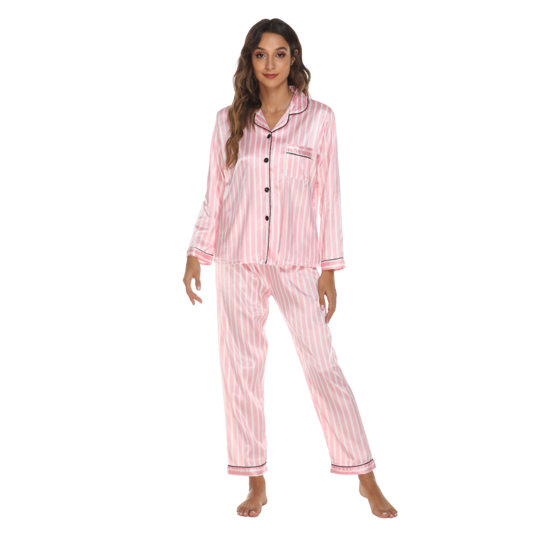 Pink on Pink Printed Pine Stripe Printed Pattern  Button Down Long Sleeve Shirt with Accent Piping and Soft Elastic Waist Trousers made of Polyester with Satin Finish, Women's Pajamas, Ladies Pajamas, Sleepwear, Loungewear