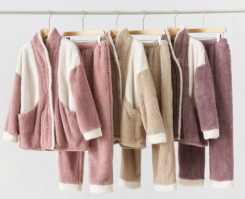 Two Tone Super Plush Fleece Two Piece Zip Up Jacket with Deep Pockets and Elastic Waist Trousers, Women's Plush Fleece Tracksuit, Ladies Plush Loungewear, Winter Pajamas