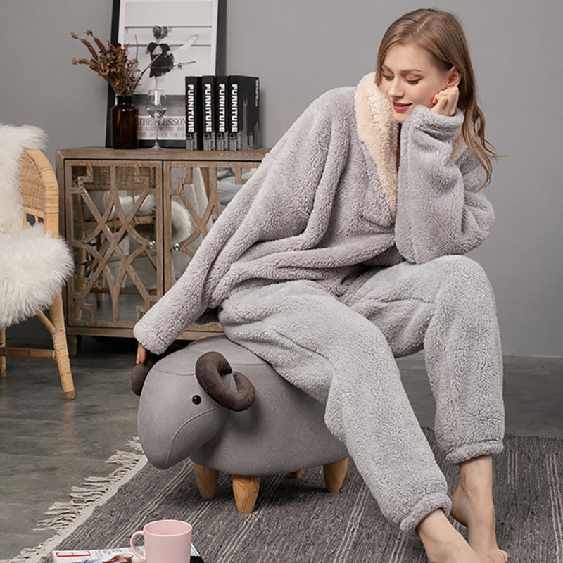 Light grey plush thick fleece winter women's pajamas, ladies loungewear, sleepwear, warm winter sleepwear, Plus Sizes