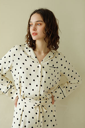 Black Polka Dot Pajamas, Viscose, Button-Down Long Sleeve Top, Elastic and Drawstring Trousers, Accent Piping Detail, Super Soft Women's and Ladies Pajamas, Sleepwear, Loungewear