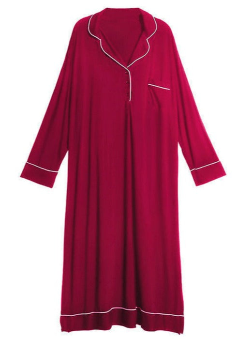 Red Long Pull-Over 3-Botton Modal Nightgown, Women's Nightgown, Ladies Nightdress, Loungewear, Sleepwear