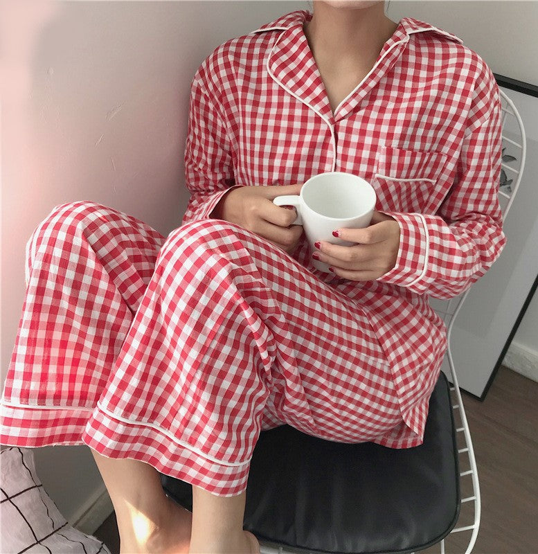 Red and White Gingham Plaid Button Down Top with Accent Piping and Trousers