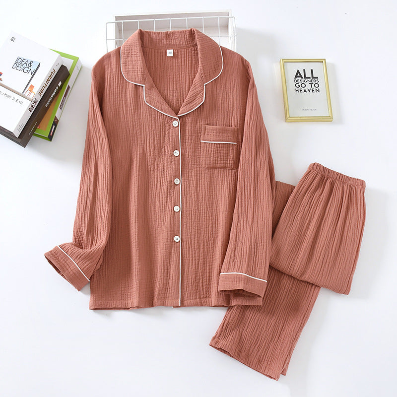 Rust Cotton Gauze Classic Pajamas Long Sleeve Button Down Blouse with Lapel collar, long elastic waist loose trousers, women's pajamas, Ladies pajamas, Sleepwear, Loungewear