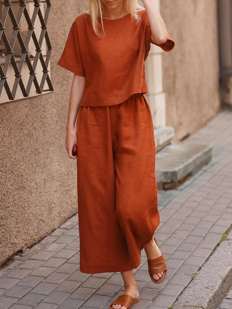 Rust Linen Travel Pants and Short Sleeve Blouse Plus Sizes Available, Women's Clothes, Ladies Summer Clothes, Casual Ladies Summer Clothes