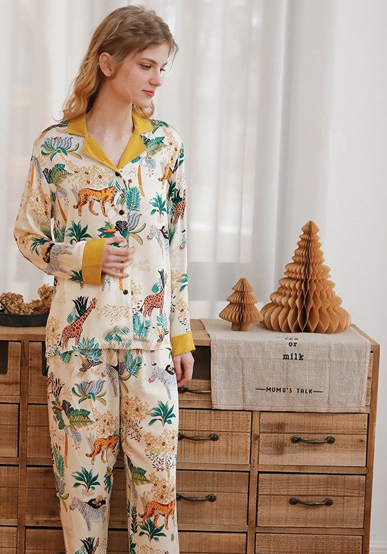 Cream and Gold Colored Safari Pajamas Button-Down Blouse Trousers, women's pajamas, ladies pajamas, sleepwear, loungewear, animal print pajamas