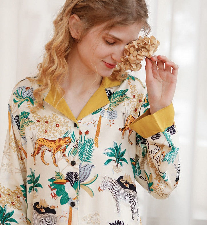 Cream and Gold Colored Safari Pajamas Button-Down Blouse Trousers, women's pajamas, ladies pajamas, sleepwear, loungewear, animal print pajamas