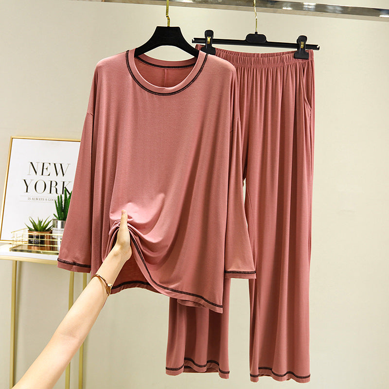 Pink Modal Fabric Long Sleeve Pajamas Top with V-Neck Long Sleeves Elastic Waist Trousers All With Edge Detail, Women's Pajamas, Ladies Pajamas, Sleepwear
