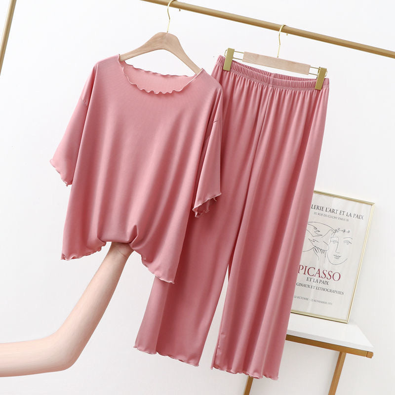 Pink Short Sleeve Modal Fabric Pajama Set Top and Trousers with Elastic Waist,Women's Pajamas, Ladies Pajamas, Modal Sleepwear, Loungewear