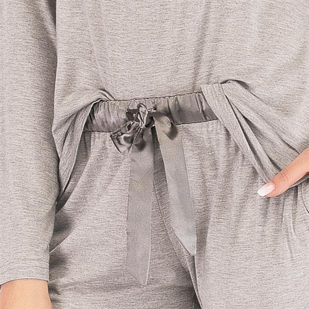 Satin detail at waist tie, neck of shirt and ankle of trousers,  ladies pajamas, sleepwear, loungewear, classic soft stretch pajamas