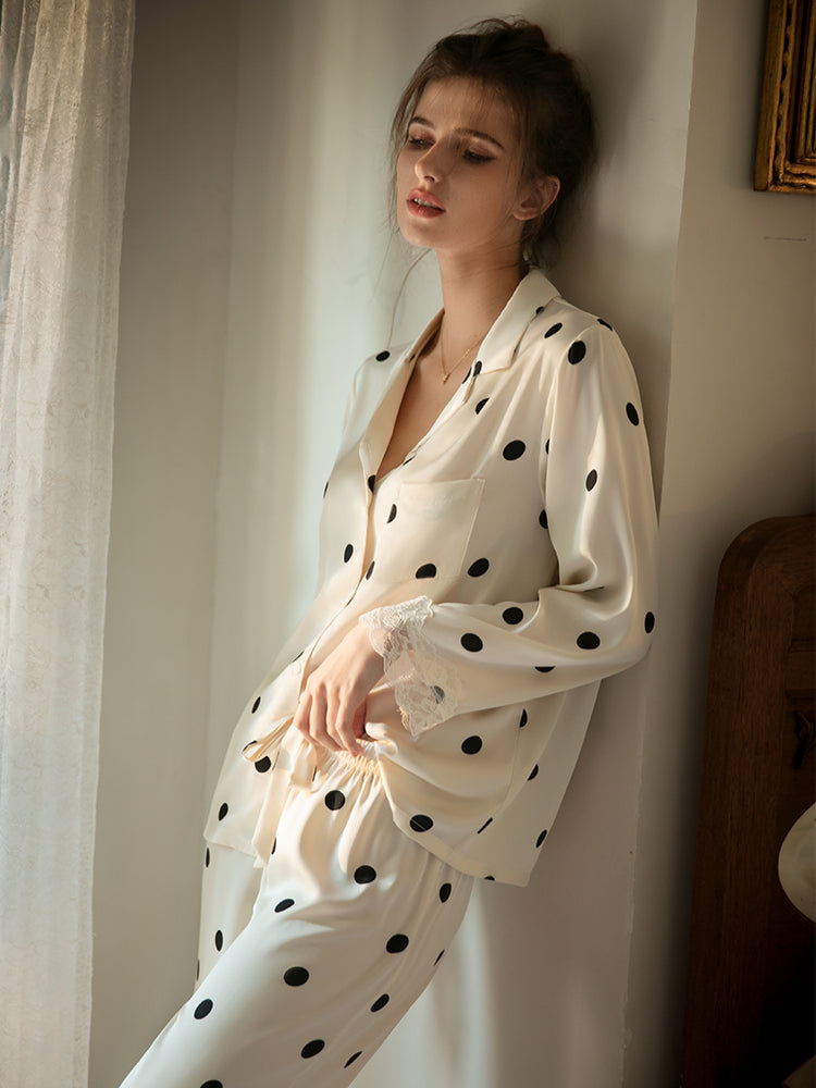 100% Silk, Off-White, Black Polka-Dot, Lace, Women's, Classic Style, Pajamas, Women's, ladies Pajamas, long trousers and button down top, Women's Pajamas, Women's Sleepwear, Ladies Pajamas, Women's Loungewear