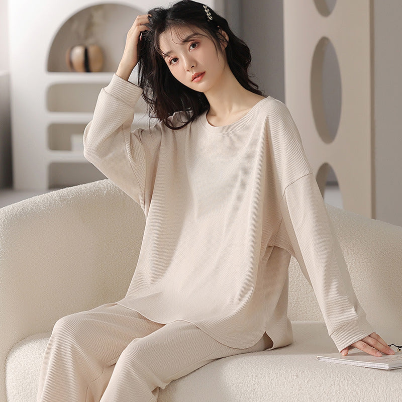 Cream Soft Ribbed Waffle Fabric Pajamas, Pull-Over Top Long Sleeve and Trousers with Pockets and Elastic Waist-Band, women's pajamas, ladies pajamas, soft women's pajamas