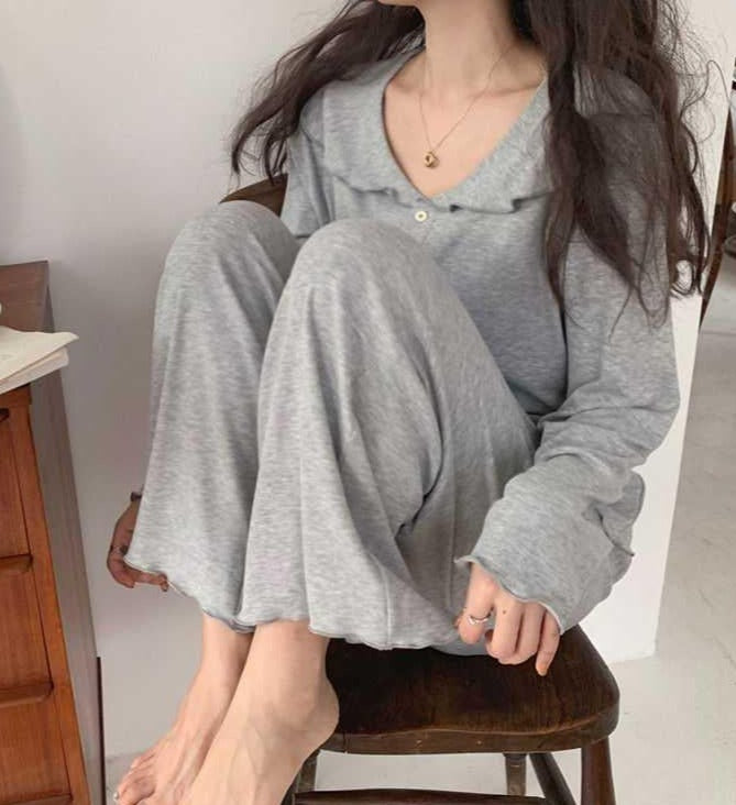 Grey Button Up Doll Collar Long Sleeve Top Loose Elastic Waist Band Trousers Scallop Edge Detail