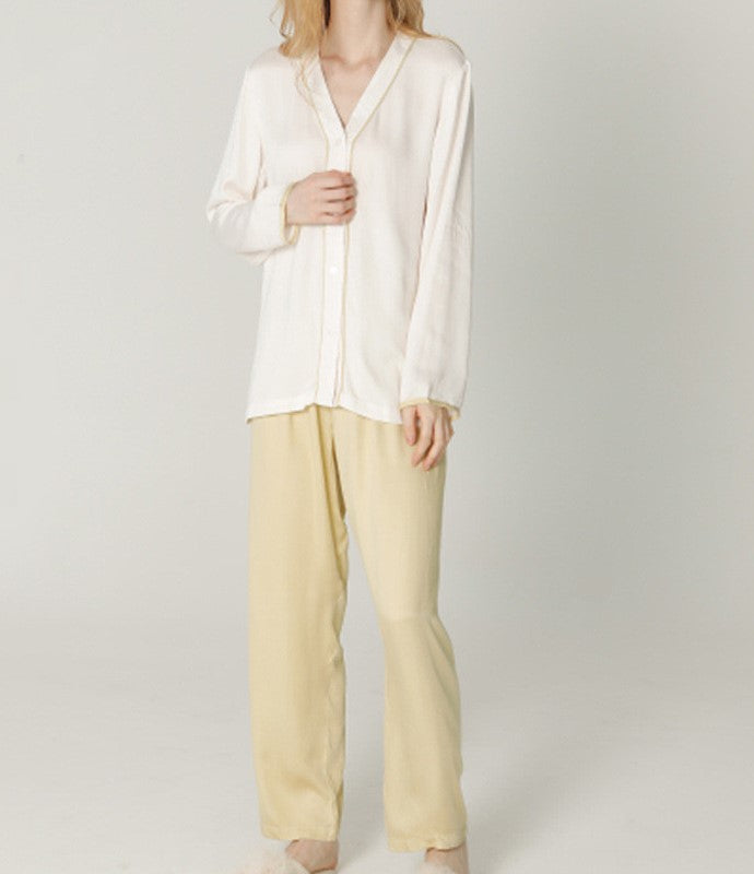 Gold and White, Classic Viscose Pajama Button-Down Top, Long-Sleeves, v-neck, long loose fit trousers with elastic Waist, women's pajamas, ladies pajamas, soft fabric pajamas, classic pajamas, sleepwear, loungewear