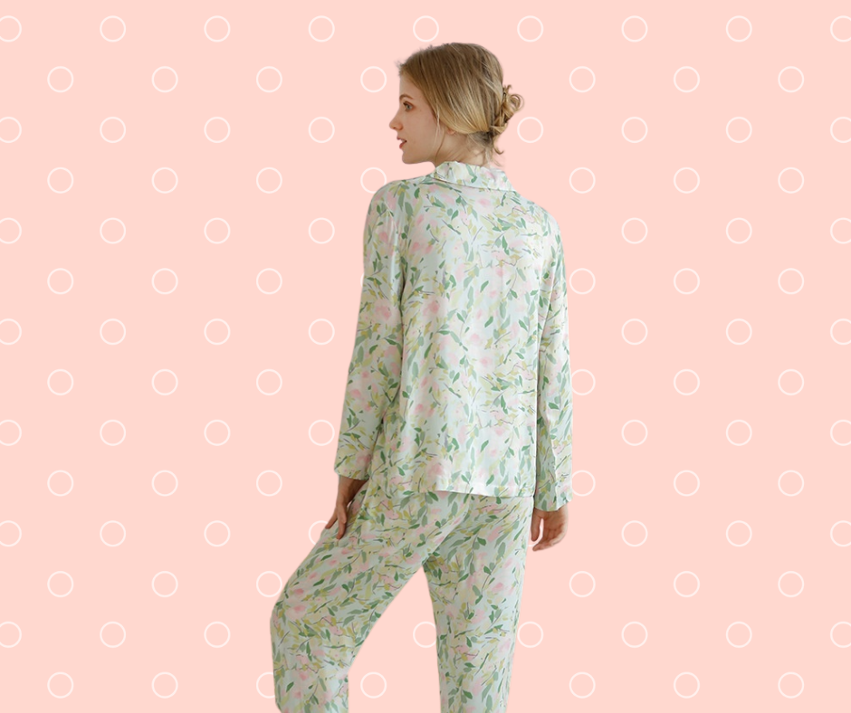 Spring Green Leaves and Pink Flowered Viscose Pajamas with Long Sleeve Button Down and Trousers,  Women's Pajamas, Ladies Pajamas, Floral Pajamas, Summer Pajamas, Soft Pajamas, Classic Pajamas