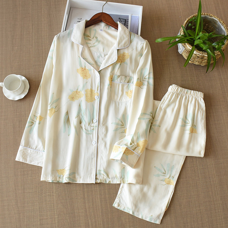 White Washed Soft Yellow Shabby Chic breathable soft women's pajama set with long sleeve button down top, piping, loose fit trousers elastic waistband, women's pajamas, ladies pajamas, women's sleepwear, breathable pajamas