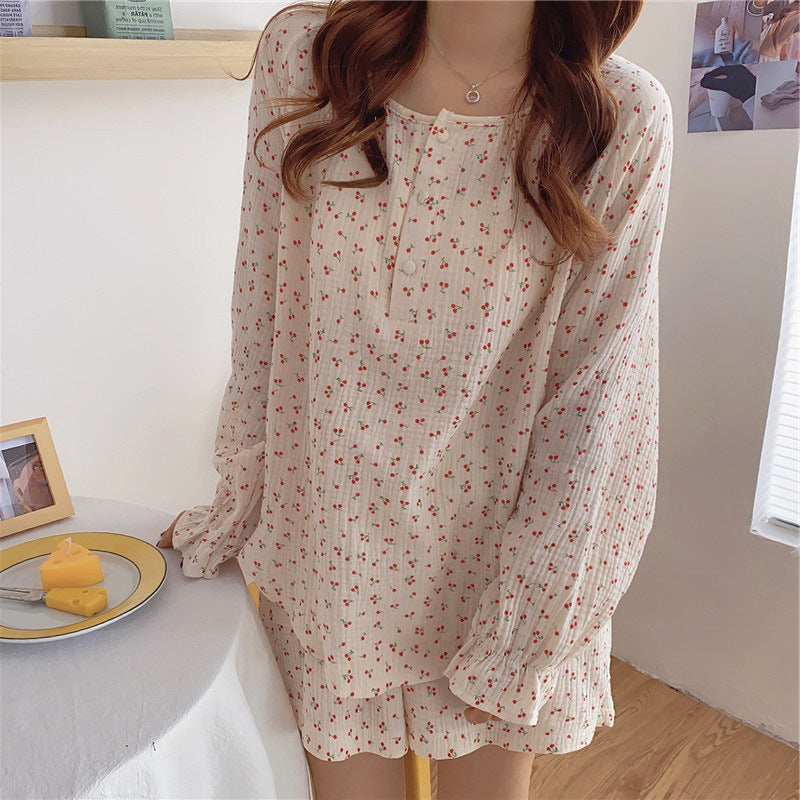 Apricot White Cotton Pajama Cherries Short and Top Set, Classic Women's Pajamas, Ladies Pajamas, Women's sleepwear, loungewear, Comfortable Soft Pajamas, Cotton Printed Pajamas