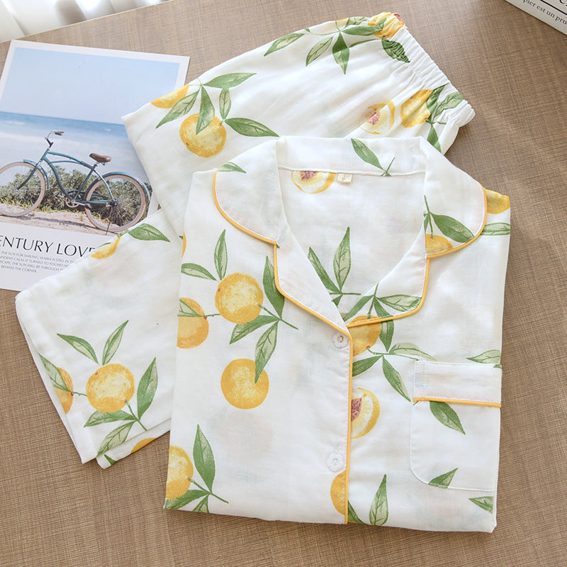 White Color with Printed Peaches Long-Sleeve Button-Down Blouse and Elastic Waist Band Trousers, Ladies Sleepwear, Women's Pajamas, Casual Pajamas, Fruit Printed Pajamas, Summer and Spring Pajamas,  Fruit Print Pajamas