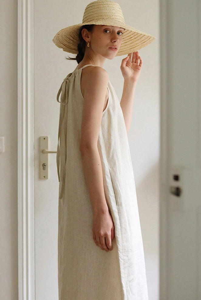 Hemp Linen A-Line Off the Shoulder Tie Back Loose Fit Summer Sack Dress Loungewear, Ladies, Women's, Hemp, Linen Dress