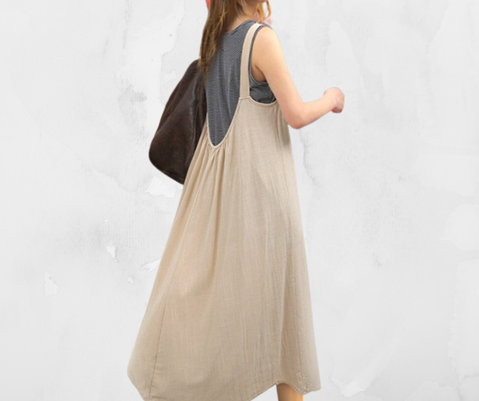 Beige Soft Linen, Cotton Strap Shoulder Loose Fit Over the Knee Dress, Women's Linen Cotton Dress, Ladies Linen Cotton Dress, Casual Summer Wear, Plus Sizes 