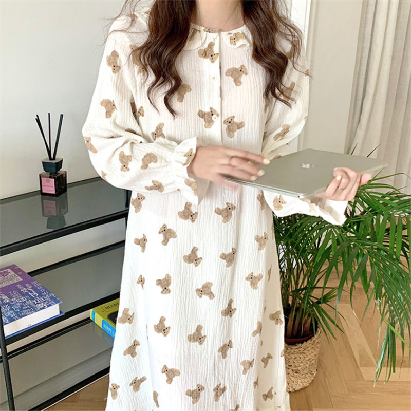 Off-White Cotton Gauze Printed Brown Teddy Bear Long Sleeve Nightgown, Off-White Cotton Gauze Brown Printed Teddy Bear Button Down Slip Over the Head Top Scoop Neck Elastic Waist Band Trousers, Women's Pajamas, Ladies Pajamas, Printed Bear Pajamas, Cotton Gauze Pajamas, Sweet Cozy Nightgown, Night Shirt, House Dress