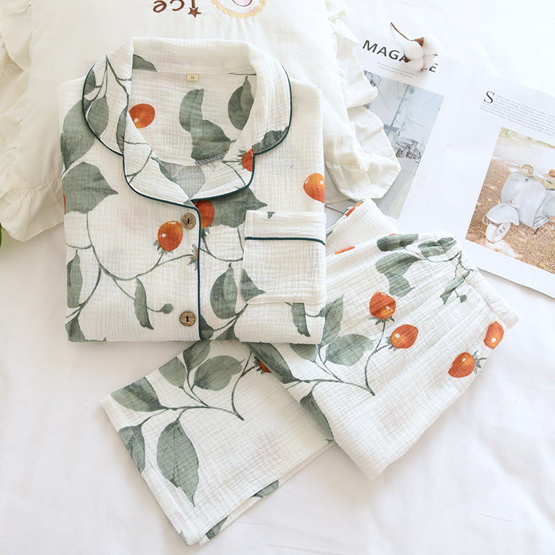 White Cotton Gauze Tomato  Print Long Sleeve Button Up Shirt Elastic Waist Trousers