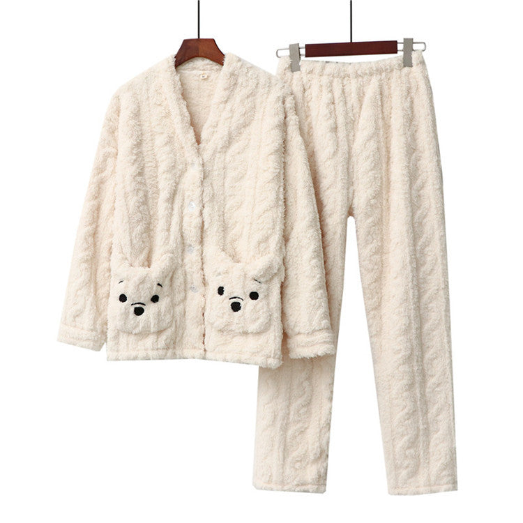 White Fleece with carved detail in fleece, Lounge - Pajama set, Cardigan and Trousers , Ladies and Women's Warm Loungewear, for Winter, Comfy Cozy Winter Sleepwear