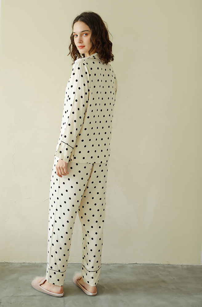 Black Polka Dot Pajamas, Viscose, Button-Down Long Sleeve Top, Elastic and Drawstring Trousers, Accent Piping Detail, Super Soft Women's and Ladies Pajamas, Sleepwear, Loungewear