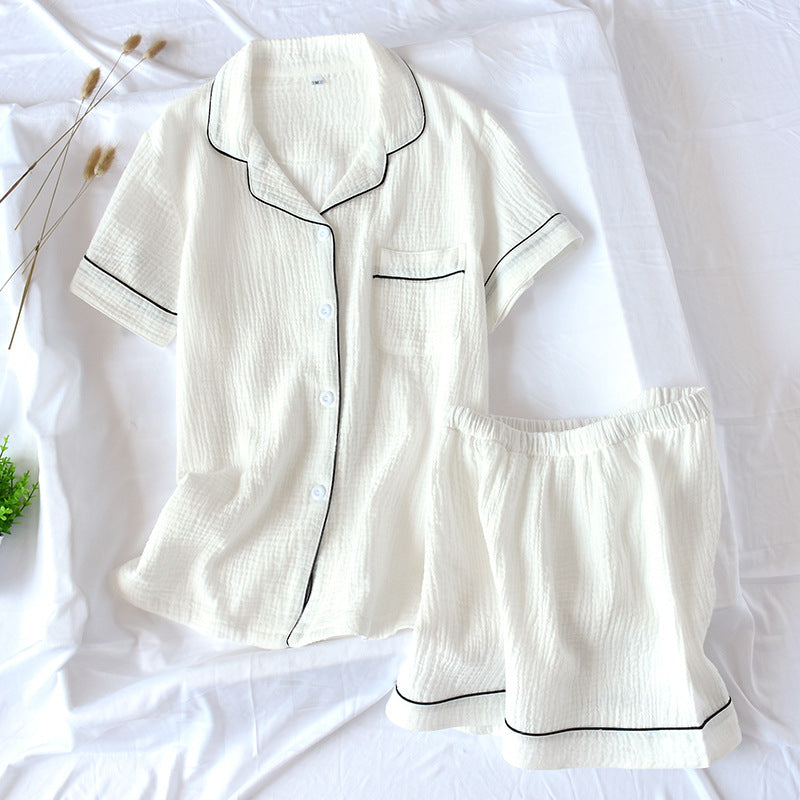 White Cotton Gauze Crepe Short Button Down Top with Shorts Pajama Set