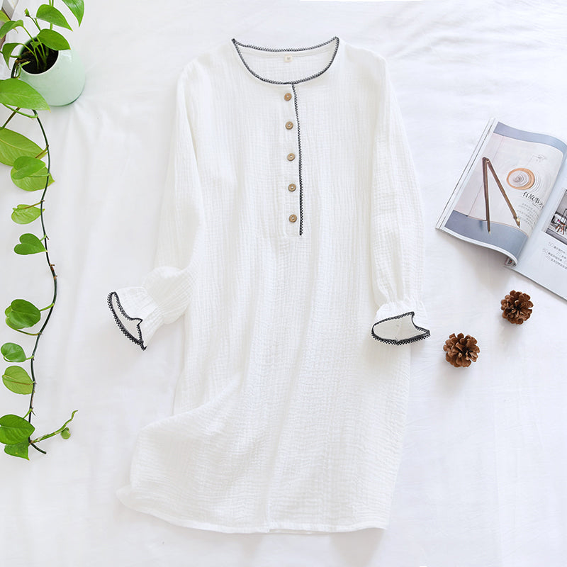 White Nightdress Round Neck Button up Long-Sleeve Below the Knee