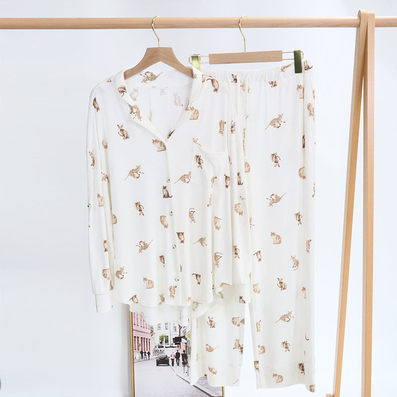 White Kitty Cat Printed Pajamas Button Down Blouse and Elastic Waist Trousers, Ladies Pajamas, Women's Pajamas, Soft Pajamas, Casual Pajamas
