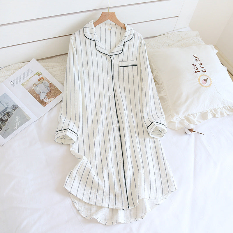 White Sleep Dress, Night Shirt Nightgown button-down Long Sleeve Pin-Stripped