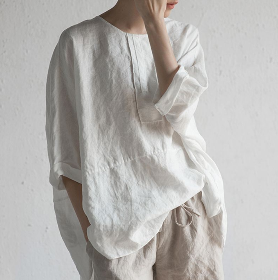 White Light weight Cotton Linen Soft Pull -Over Blouse Plus Sizes