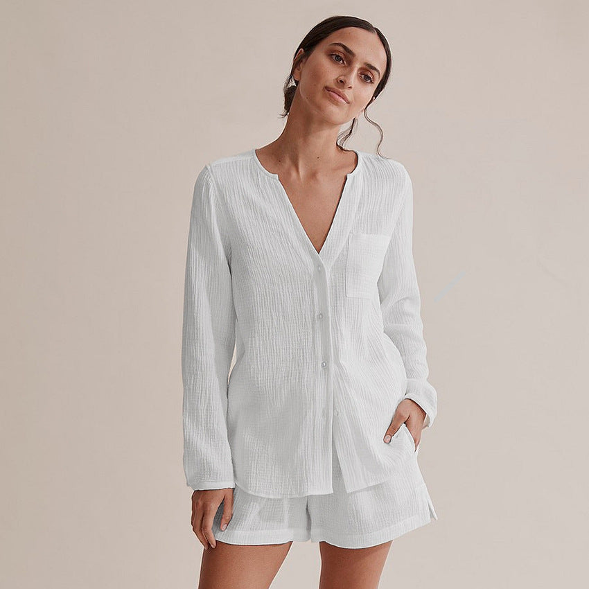White, Hight Quality Cotton, Short and Blouse set, Long sleeve top with v-neck, button down, shorts with elastic waistband, summer, short set 
