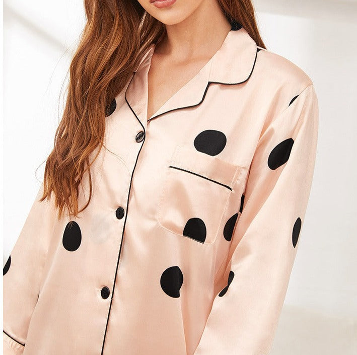 Black Polka Dot Peach Button Up Night Dress Long Sleeves Mid-Length, Women's Night Shirt, Ladies Robe, Women's House Dress, Ladies Nightgown