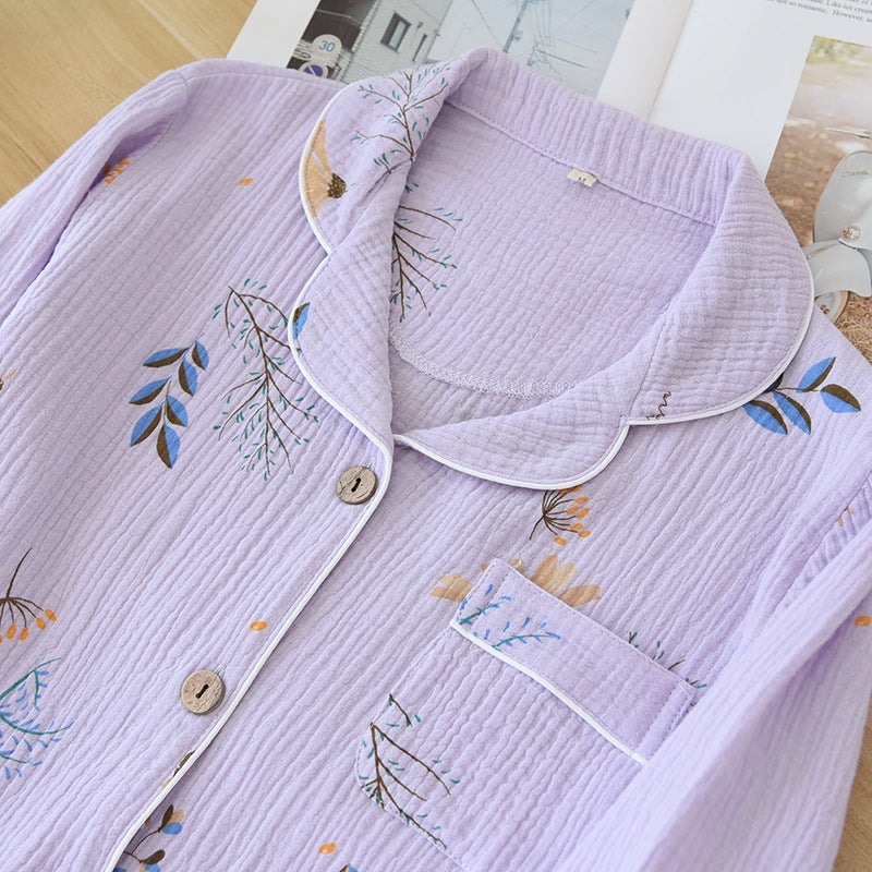 100% Cotton Gauze Lilac Wild Flower Print Long Sleeve Button-Down Shirt Elastic Waist Trousers, Women's Pajamas, Ladies Pajamas, Sleepwear, Classic Pajamas